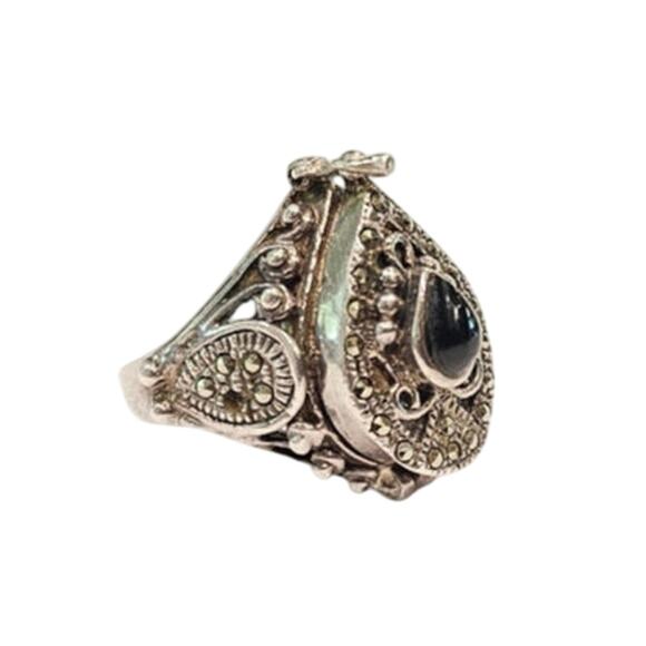 Pill Locket Ring Sterling Marcasite Onyx Ring - Picture 3 of 6